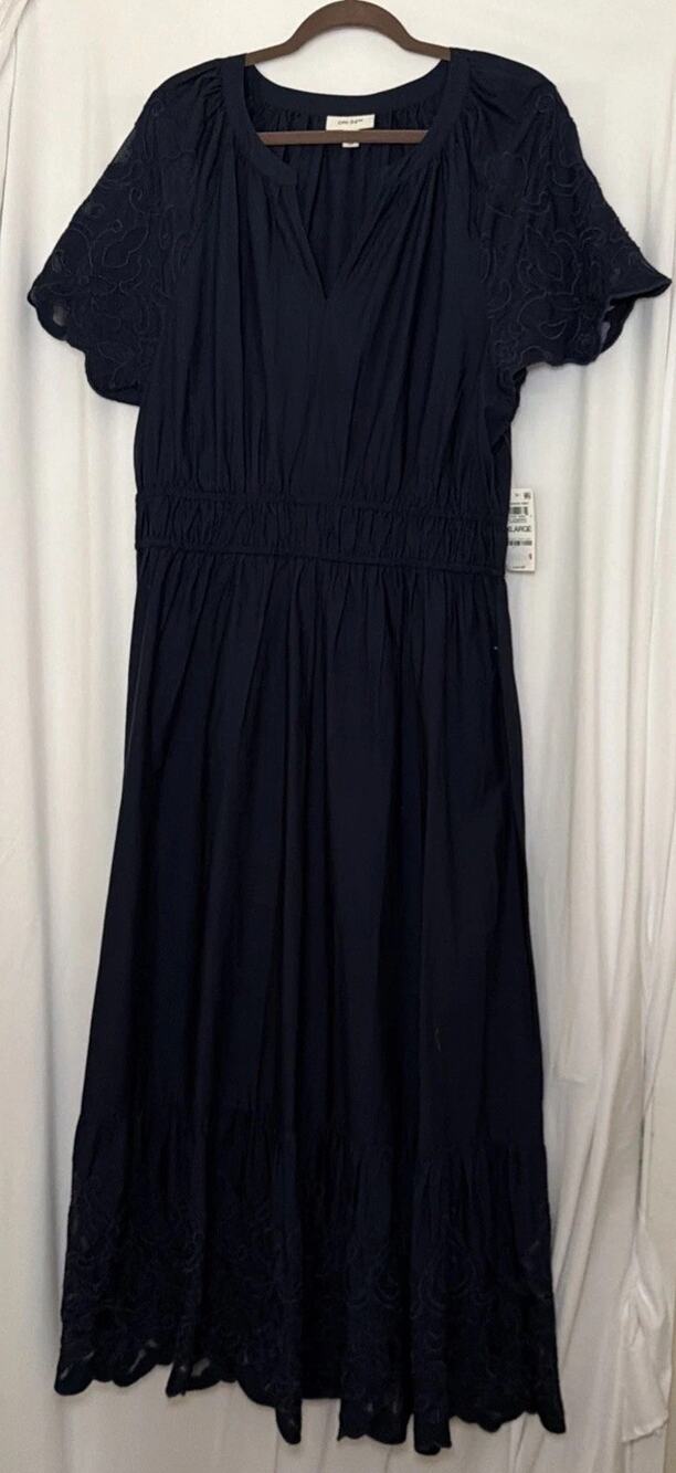 NWT ON- 34th Womens Navy Blue Cotton Eyelet Lace Trim Maxi Dress Sz XL